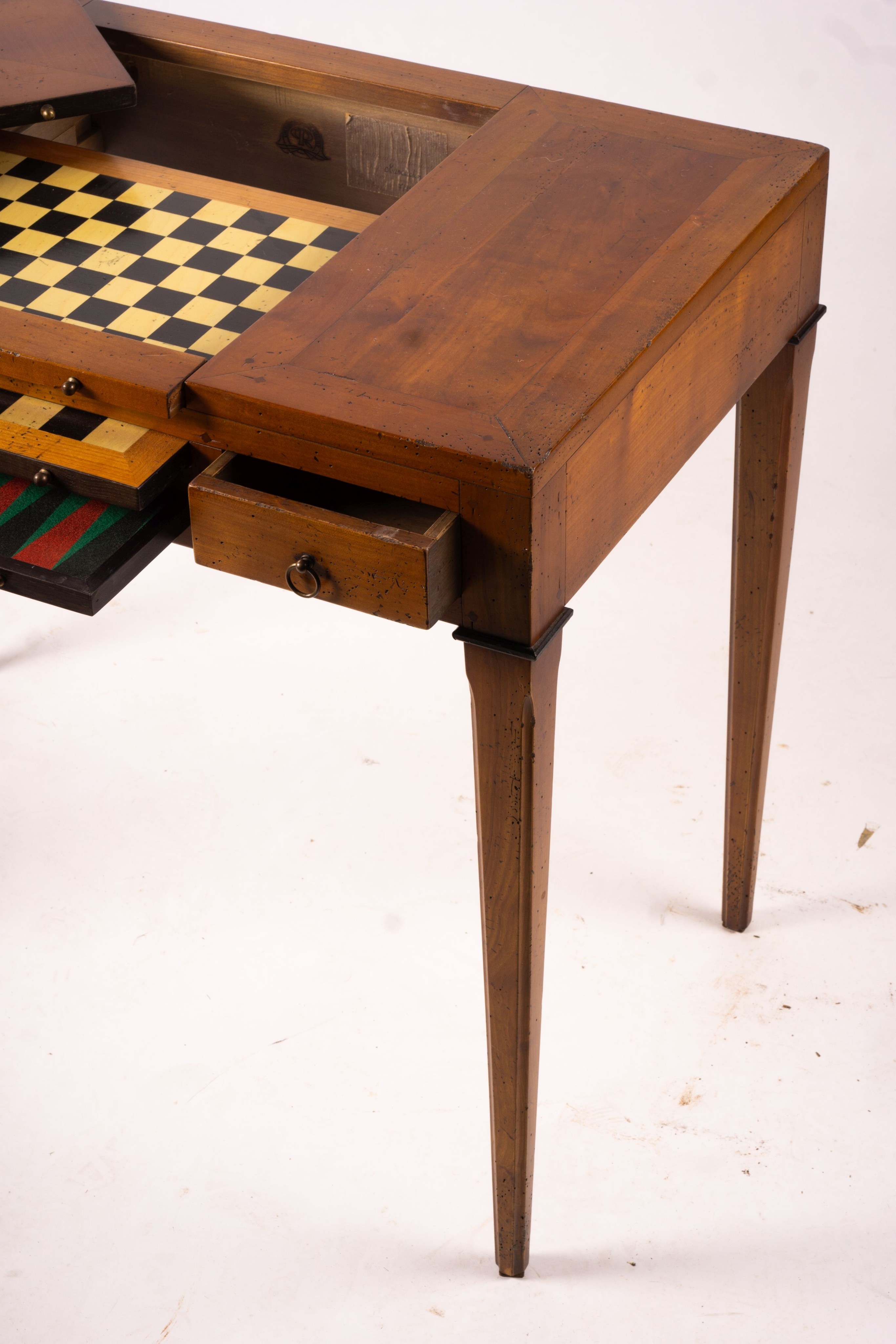 A George III style cherry wood games table with backgammon and chess interior, width 90cm, depth 50cm, height 75cm